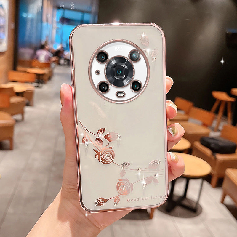 For Honor Magic4 Pro 5G Shock-absorbing Flower Pattern Phone Cover Rhinestone Decor TPU Electroplating Phone Case For Honor Magic4 Pro 5G Shock-absorbing Flower Pattern Phone Cover Rhinestone Decor TPU Electroplating Phone Case